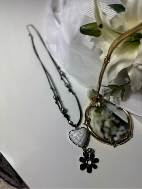 Hippy Groovy Handcrafted Black White Heart Pendant Necklace with Flower Charm